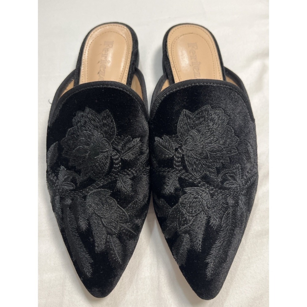Fericzot Black Velvet Embroidered Mule Flats Pointed Toe Slip On Floral Shoes 6 - Picture 3 of 9